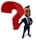 A 3D animated character in a business suit, with glasses and a beard, holds a large red question mark. The character has a cheerful expression and stands confidently.