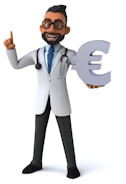 A cartoon doctor with glasses, a beard, and a stethoscope around his neck is smiling broadly while holding up a large Euro currency symbol. His right index finger is raised, suggesting he is making a point or giving advice.
