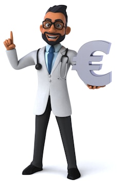 A cartoon doctor with glasses, a beard, and a stethoscope around his neck is smiling broadly while holding up a large Euro currency symbol. His right index finger is raised, suggesting he is making a point or giving advice.