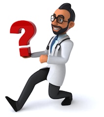 A cartoon character dressed as a doctor holds a large red question mark. The character is smiling, wearing a white lab coat, glasses, and a stethoscope around the neck. He is kneeling on one knee with one leg extended forward.