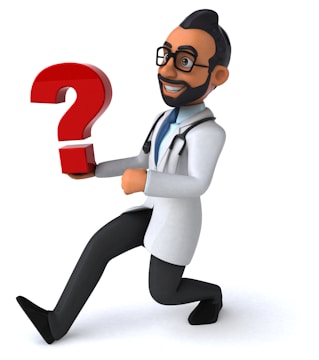 A cartoon character dressed as a doctor holds a large red question mark. The character is smiling, wearing a white lab coat, glasses, and a stethoscope around the neck. He is kneeling on one knee with one leg extended forward.