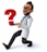 A cartoon character dressed as a doctor holds a large red question mark. The character is smiling, wearing a white lab coat, glasses, and a stethoscope around the neck. He is kneeling on one knee with one leg extended forward.