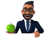 A cartoon character with glasses, a beard, and a happy expression is holding a green apple. He is wearing a navy blue suit and tie, with a white shirt underneath. The background is plain white.