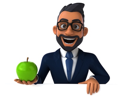 A cartoon character with glasses, a beard, and a happy expression is holding a green apple. He is wearing a navy blue suit and tie, with a white shirt underneath. The background is plain white.