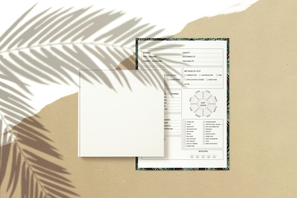 A blank book is placed on top of a detailed form or document with text and diagrams. The background is a beige surface with the shadow of palm leaves cast across the scene, adding a natural and artistic touch.