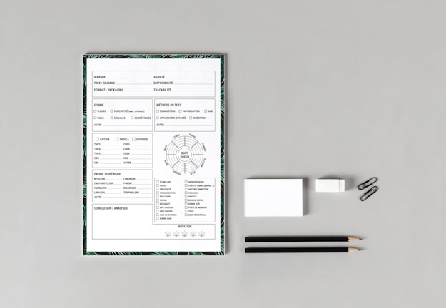 A neatly arranged flat lay featuring a form or checklist with various checkboxes and textual fields, likely related to product specifications or testing. The form is bordered by a leafy pattern. Beside it, there are two black pencils, an eraser, a stack of note cards, and two paper clips, all placed on a gray surface.