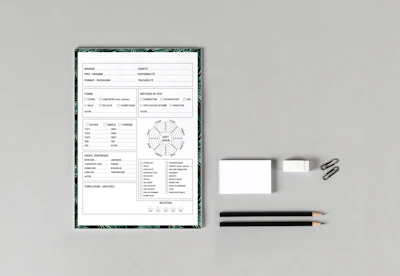a table with a pen, pencil, and paper on it