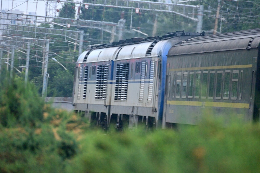 a train traveling down train tracks next to a forest