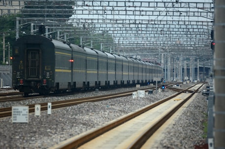 A long passenger train moves along tracks under a complex network of overhead wires, likely for electric trains. The setting appears industrial with visible railway infrastructure such as signals and signs. The background includes trees and urban elements.