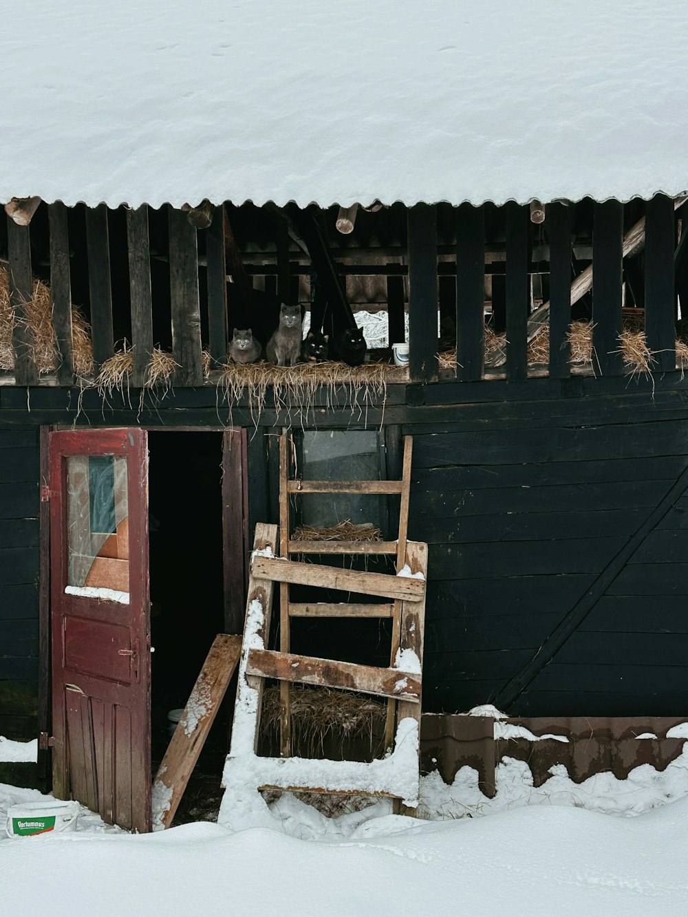 a barn with hay bales and a ladder in the snow