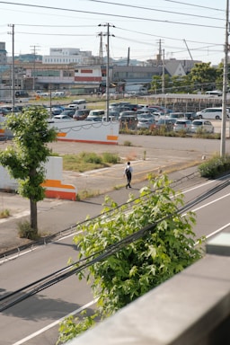 An urban landscape featuring a parking lot filled with cars, various buildings in the background, and an individual walking on a sidewalk next to a tree. Overhead power lines are visible, and the scene has a mix of greenery and industrial elements.