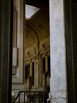Elegant architectural details with intricate carvings and large windows are partially visible, framed by tall stone pillars. A skylight lets in natural light, highlighting the craftsmanship of the interior space.