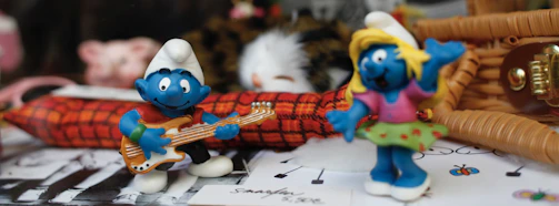 Illustration of charming characters interacting with musical instruments.