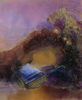 A dreamy and surreal scene with a face appearing to be part of a landscape, blending seamlessly into the mountainside. The visage is surrounded by rich textures and a palette of warm and cool tones. There is an abstract arrangement that suggests a sense of calm and tranquility, with hints of nature woven into the composition.