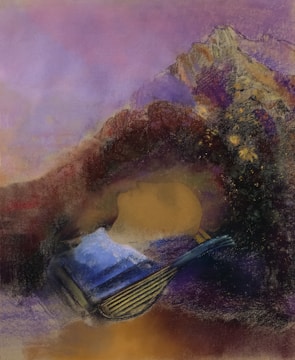 A surreal scene of a person floating above their body in a dreamlike landscape.