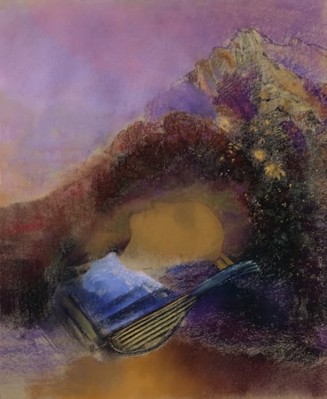 A dreamy and surreal scene with a face appearing to be part of a landscape, blending seamlessly into the mountainside. The visage is surrounded by rich textures and a palette of warm and cool tones. There is an abstract arrangement that suggests a sense of calm and tranquility, with hints of nature woven into the composition.