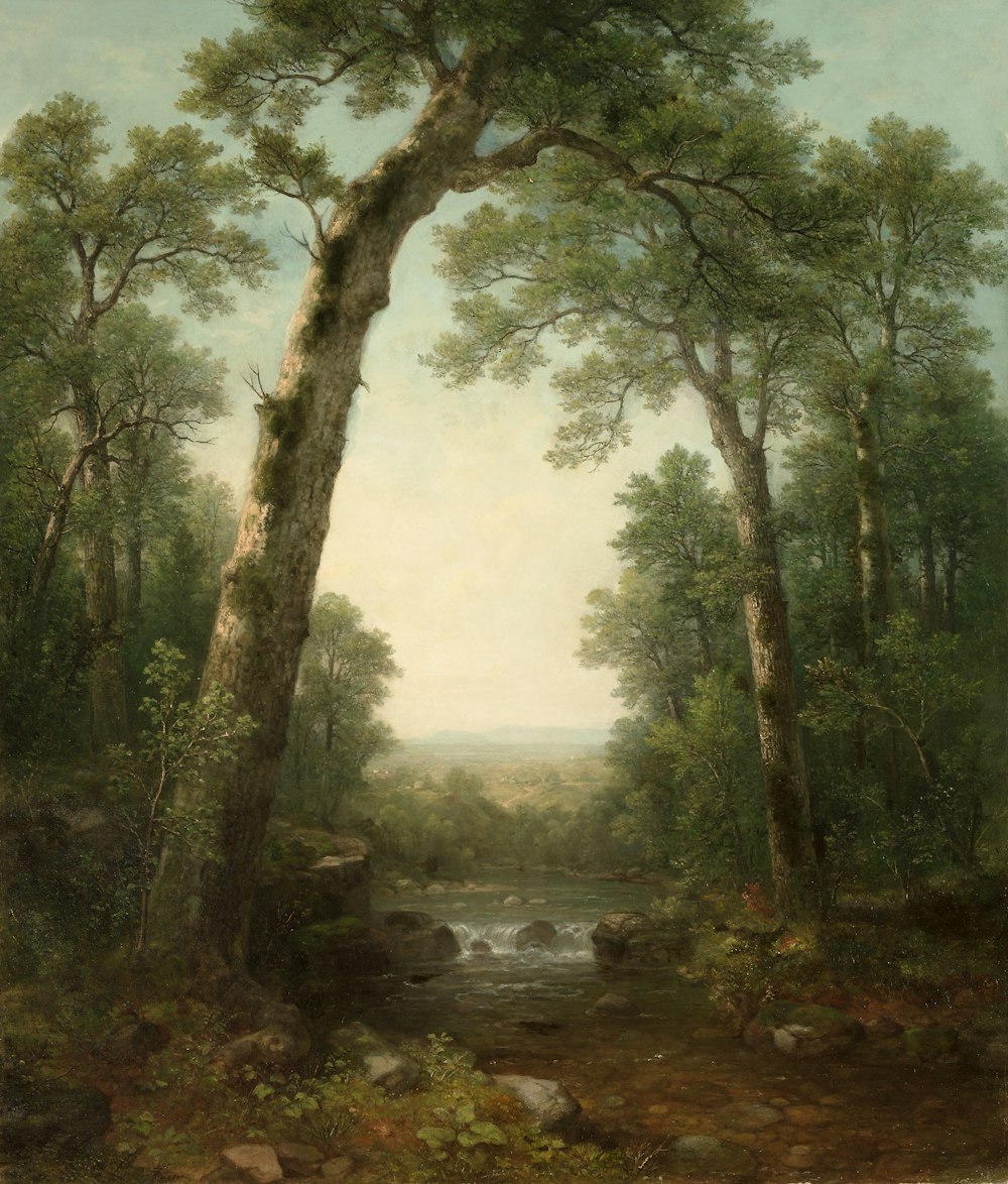 a painting of a river in a wooded area