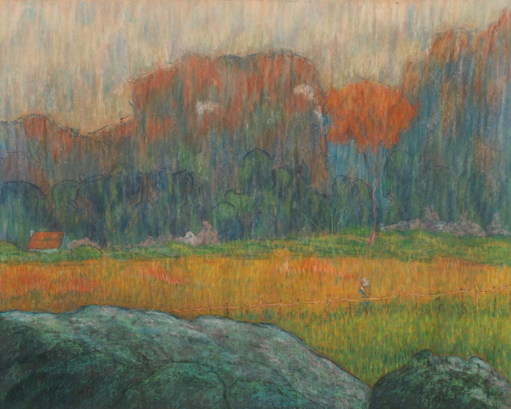 a painting of a field with a mountain in the background