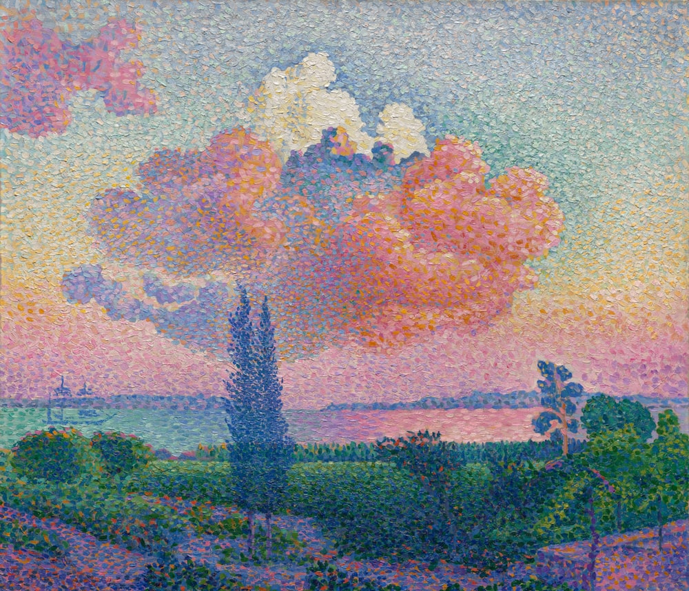 une peinture d’un ciel coloré avec des nuages