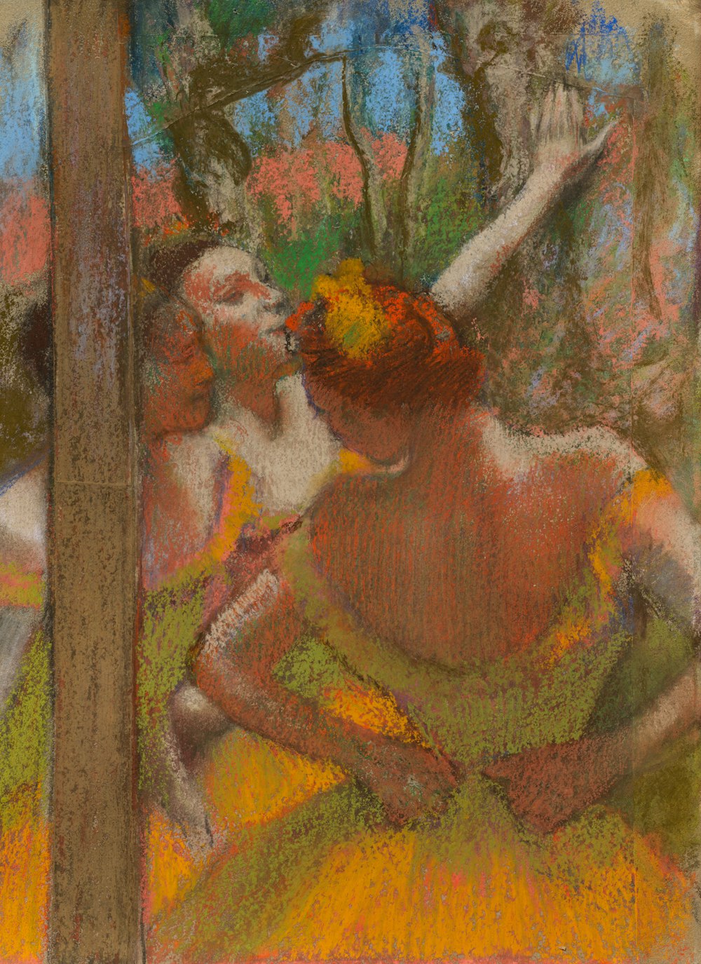 un dessin au pastel de deux personnes dans une forêt