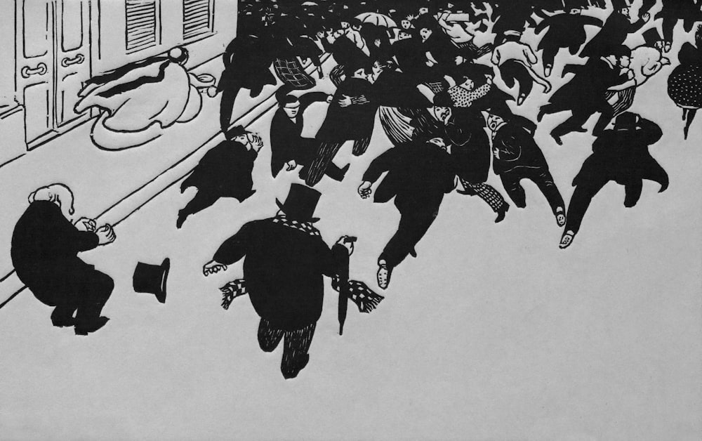a black and white drawing of a crowd of people