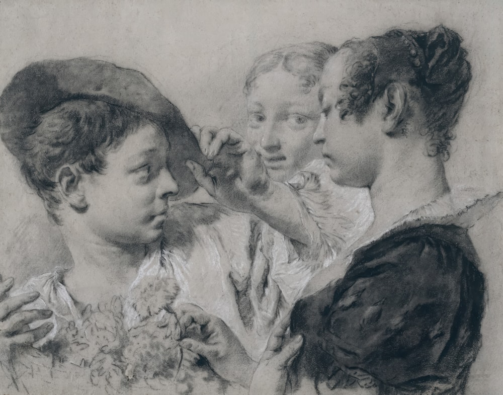 a black and white drawing of three women