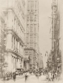 A detailed hand-drawn illustration of a bustling city street filled with life.