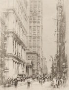 Graphite drawing of a detailed urban scene with harmonious contrasts.
