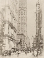 A striking caricature showing a crowded cityscape with exaggerated buildings and characters.