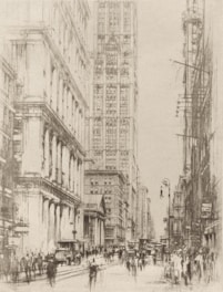 A dynamic sketch of a bustling street scene, with layered lines and shadows illustrating movement and life.