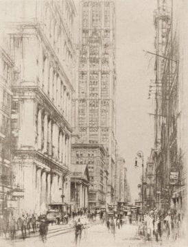 A dynamic sketch of a bustling street scene, with layered lines and shadows illustrating movement and life.