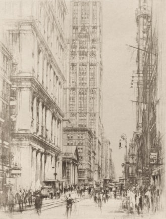 A black and white sketch of an old city street bustling with life.