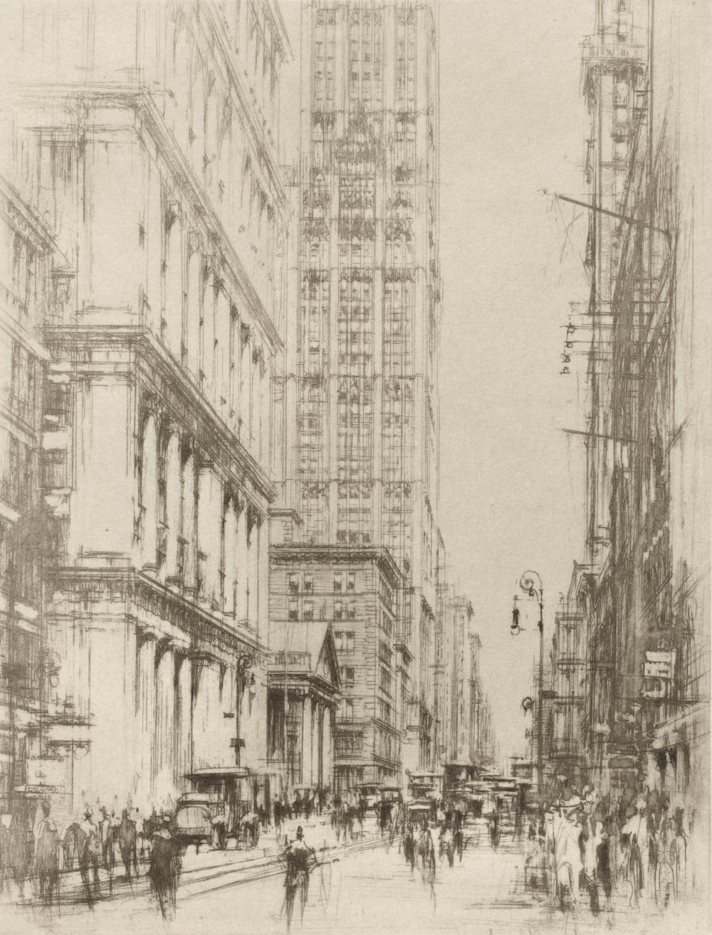 a drawing of a city street filled with people