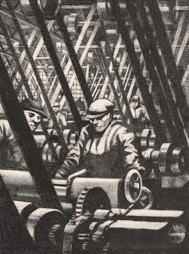 A monochrome illustration featuring several workers in a factory setting filled with machinery. The men are wearing caps and work uniforms, focused on operating or maintaining large gears and rollers. The intricate machinery and crisscrossing beams in the background convey a sense of industrial complexity.