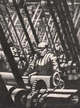 A monochrome illustration featuring several workers in a factory setting filled with machinery. The men are wearing caps and work uniforms, focused on operating or maintaining large gears and rollers. The intricate machinery and crisscrossing beams in the background convey a sense of industrial complexity.