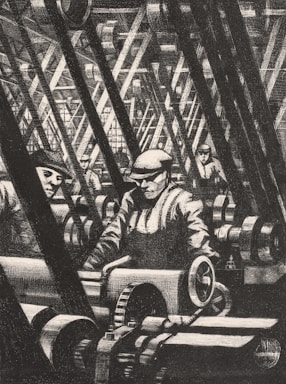A monochrome illustration featuring several workers in a factory setting filled with machinery. The men are wearing caps and work uniforms, focused on operating or maintaining large gears and rollers. The intricate machinery and crisscrossing beams in the background convey a sense of industrial complexity.