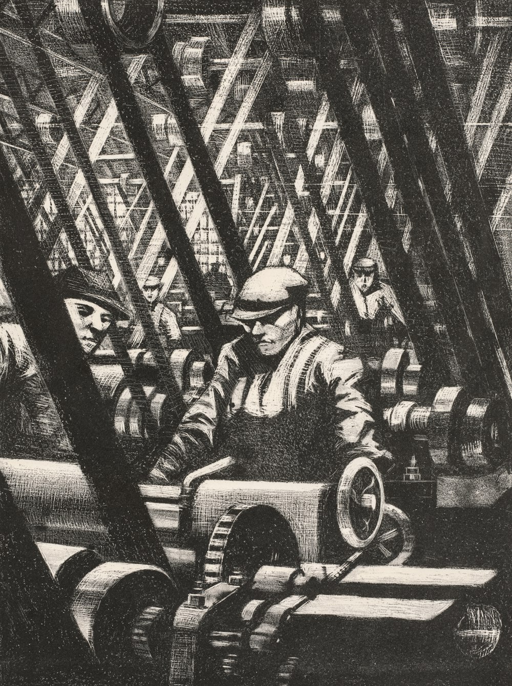 a black and white drawing of a man working in a factory
