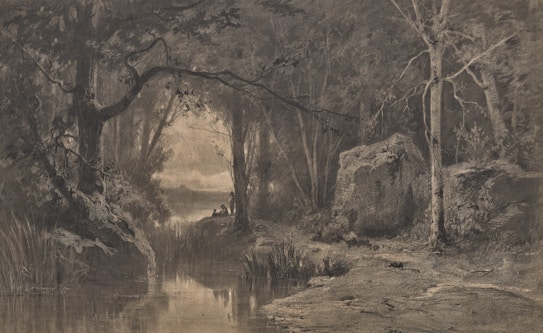 A serene woodland scene with a waterway flowing gently through a dense, leafy forest. Tall, slender trees line the banks, and their branches form a natural canopy overhead. In the distance, two figures can be seen sitting near the water's edge, adding a sense of calm and reflection. The scene is dominated by rich, earthy tones and a soft focus.