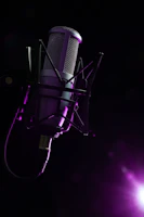 A sleek, modern mic stand holding a microphone in a cozy studio corner.