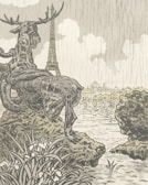 An intricate illustration featuring a large sculpture of a deer with antlers, positioned on a rock, overlooking a body of water. The Eiffel Tower is visible in the background, set against a cloudy sky. Surrounding the scene are lush plants and rocks, contributing to a naturalistic setting.