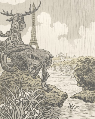 An intricate illustration featuring a large sculpture of a deer with antlers, positioned on a rock, overlooking a body of water. The Eiffel Tower is visible in the background, set against a cloudy sky. Surrounding the scene are lush plants and rocks, contributing to a naturalistic setting.