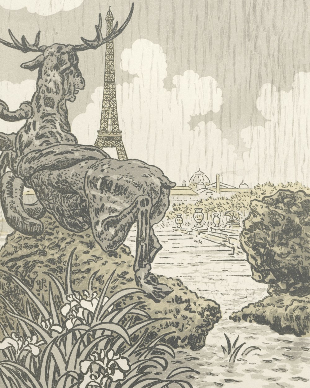 a drawing of a deer in front of the eiffel tower