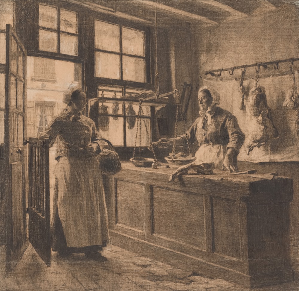 a drawing of two women in a kitchen