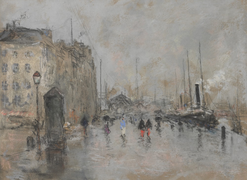 uma pintura de pessoas caminhando na chuva