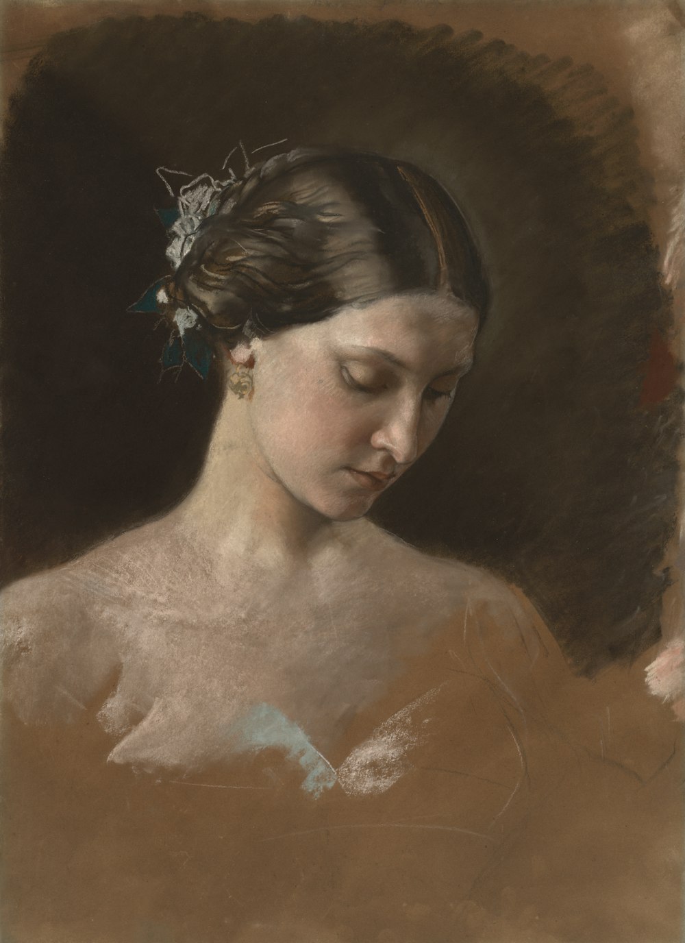 a painting of a woman with a flower in her hair