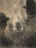 A monochromatic artwork with a textured appearance, featuring the silhouette of several people in a dark, shadowy setting. The central figure is blurred and surrounded by indistinct shapes, creating an enigmatic and mysterious atmosphere.