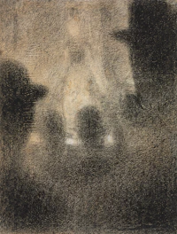 A minimalistic artwork featuring ghostly figures layered over faded war maps.