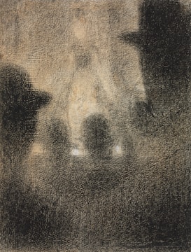 A monochromatic artwork with a textured appearance, featuring the silhouette of several people in a dark, shadowy setting. The central figure is blurred and surrounded by indistinct shapes, creating an enigmatic and mysterious atmosphere.
