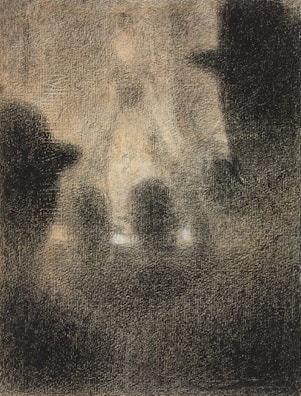 A monochromatic artwork with a textured appearance, featuring the silhouette of several people in a dark, shadowy setting. The central figure is blurred and surrounded by indistinct shapes, creating an enigmatic and mysterious atmosphere.