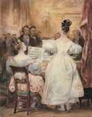 A group of people gathered in an elegant room with classical decor. Two women in period dresses are positioned at the center, one seated at a piano with sheet music in front of her, and the other standing nearby. The audience, composed mainly of men in formal attire, is closely observing them. The room is adorned with a chandelier and intricate architectural details.
